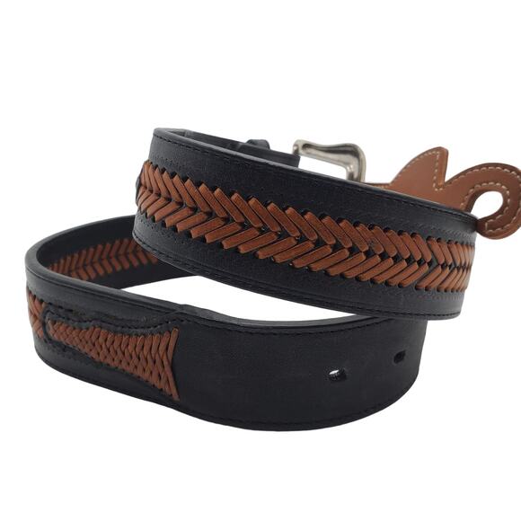 Ariat Brown Black Western Leather Belt Braided Two Tone 32 Silver Tooled Buckle - Picture 9 of 13